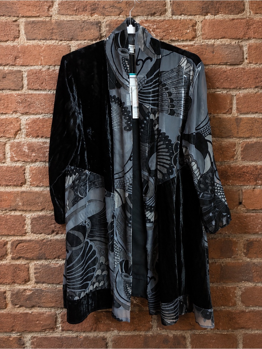Women's Chico’s Black & Gray Velvet Burnout Open Front Jacket size 3 XL
